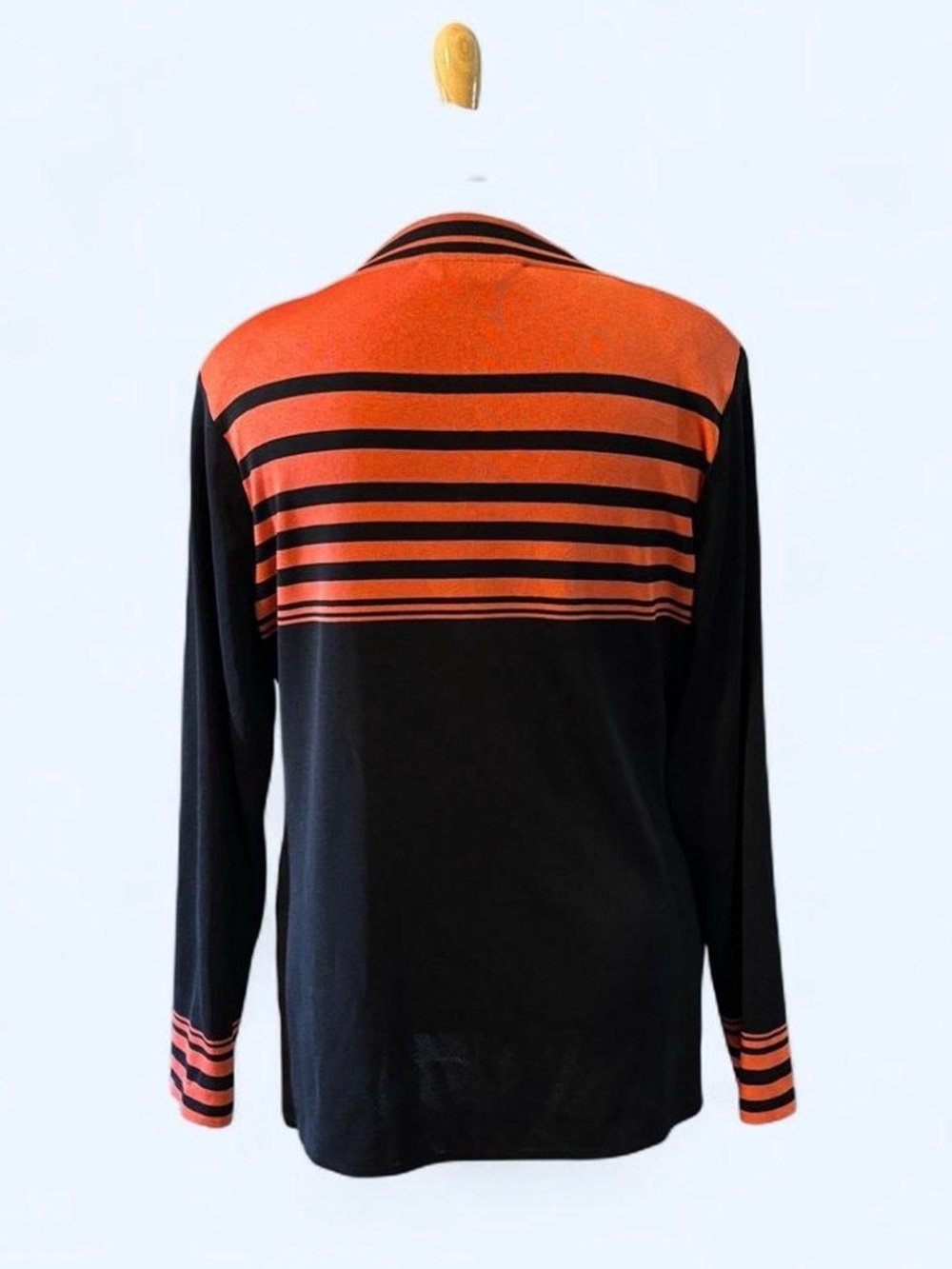 Misook Women’s L Open Knit Shrug Cardigan Black Orange Striped Lightweight - Picture 2 of 3